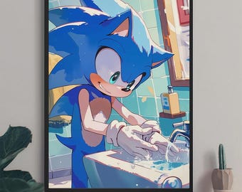 Könnte beinhalten: Gerahmter Kunstdruck mit Sonic the Hedgehog beim Händewaschen in einem Badezimmer. Das Kunstwerk zeigt Sonics blaues Fell, weiße Handschuhe und einen lächelnden Gesichtsausdruck. Der Hintergrund umfasst ein Waschbecken, einen Wasserhahn und einen Seifenspender.