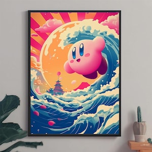 Kirby poster, Kirby japanese tapestry, Printable Wall Art, Great wave Wall Art, Gaming room art, Japanese Home Decor, digital print