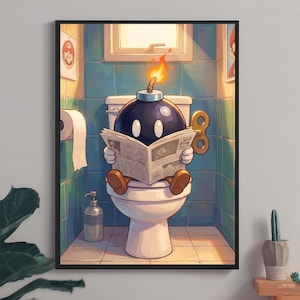May include: A framed print depicts a cartoon bomb character with a lit fuse, reading a newspaper while seated on a toilet. The bathroom setting includes a window, toilet paper, and a soap dispenser. The color palette features blues, whites, and browns.