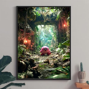Kirby in the Jungle Wall Art – Surprised Kirby Poster – Real World Portal Scene – Video Game Character Print – Nintendo Art Decor