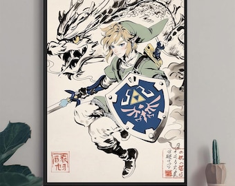 Poster artistico giapponese con inchiostro di Zelda: Link, arredamento per la sala giochi BOTW (download digitale)
