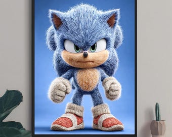 May include: A framed print featuring the character Sonic the Hedgehog. The character has blue fur, tan muzzle, green eyes, and red and white shoes. The background is a solid blue color.