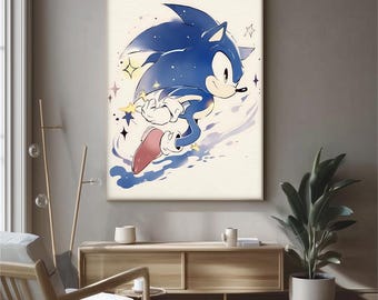 Poster acquerello di Sonic the Hedgehog: grafica per videogiochi per la cameretta dei bambini (download digitale)
