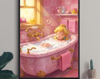 Puede incluir: Ilustración enmarcada de la Princesa Peach relajándose en una bañera de mármol rosa llena de burbujas. El baño presenta azulejos rosas, un grifo dorado y una ventana con un champiñón y una estrella. Toallas rosas cuelgan de un toallero y una corona está sobre una estantería.