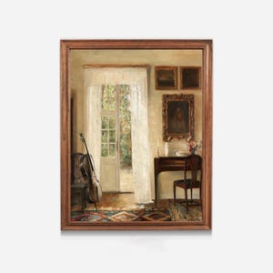 May include: A framed oil painting depicts an interior scene with a cello, chair, and table. A doorway with sheer curtains leads to a garden. Artwork hangs on the wall, and a patterned rug covers the floor. The painting has a warm, inviting color palette.