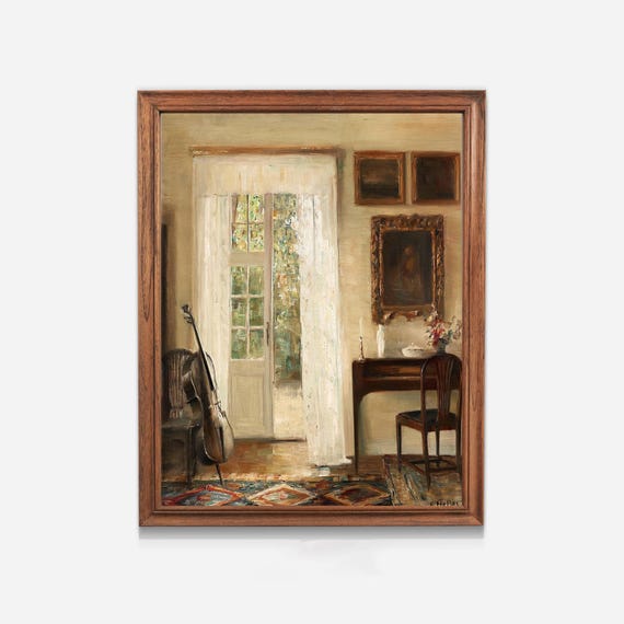 Vintage Oil Painting Interior Scene | Antique Art Print (Digital Download)