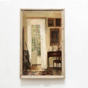 May include: An oil painting of an interior scene with a cello, chair, and a table with a vase of flowers. The painting depicts a room with a window, a door, and framed artwork on the wall. The color palette is warm, with soft lighting.