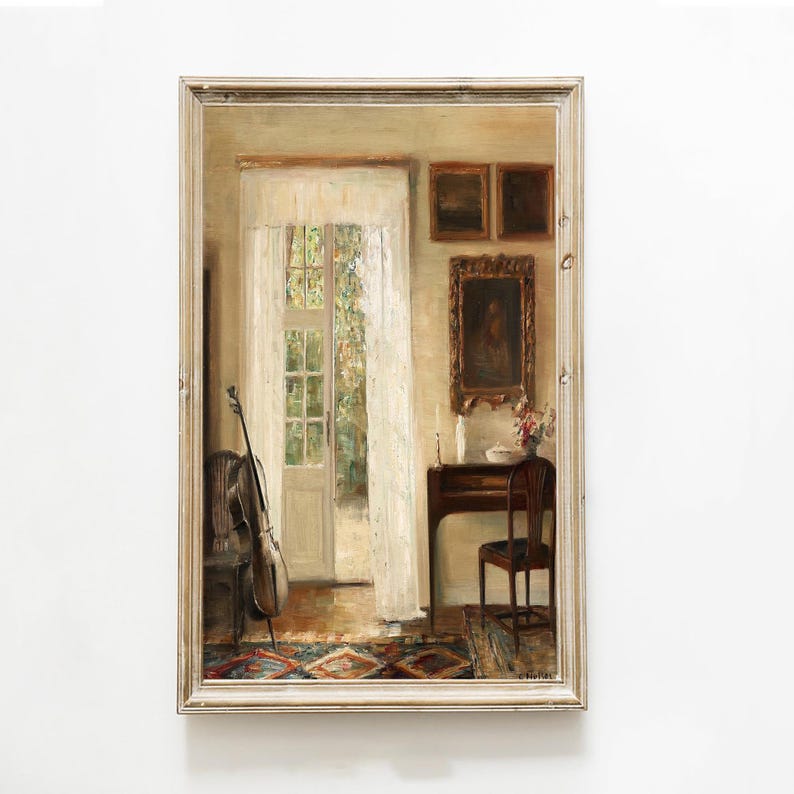 May include: An oil painting of an interior scene with a cello, chair, and a table with a vase of flowers. The painting depicts a room with a window, a door, and framed artwork on the wall. The color palette is warm, with soft lighting.