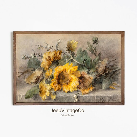 Vintage Sunflower Painting Vintage Botanical Still Life Etsy