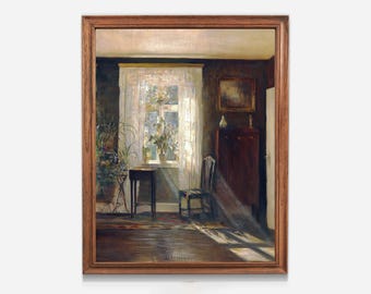 Vintage Oil Painting Print | Interior Scene, Sunlight Through Window (Digital Download)
