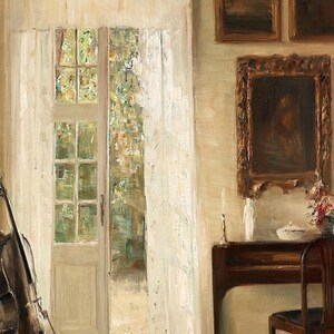 May include: An oil painting depicts a room with a door and window, a cello, and a small table with a chair. The door is open to a view of greenery. A framed painting hangs above the table, and two smaller paintings are on the wall.