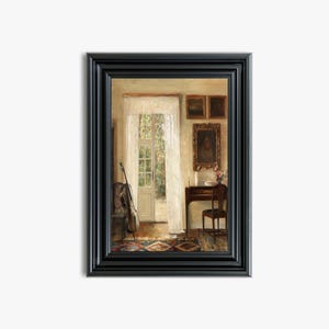May include: A framed painting depicts a classical interior scene. A cello leans against a chair near a doorway with sheer curtains. A small table with a vase of flowers and a candle sits near a chair. The room has a rug and several framed pictures.