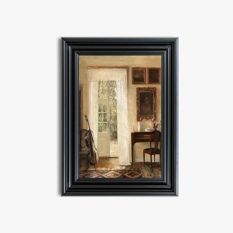 May include: A framed painting depicts a classical interior scene. A cello leans against a chair near a doorway with sheer curtains. A small table with a vase of flowers and a candle sits near a chair. The room has a rug and several framed pictures.