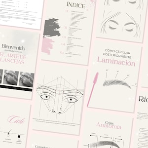 Op de afbeelding: Een verzameling instructiedocumenten over wenkbrauwverzorging en lamineren, met diagrammen, tekst en illustraties. De pagina's zijn in een zachtroze en witte kleurstelling, met tekst in het Spaans. De documenten behandelen onderwerpen als wenkbrauwanatomie en lamineertechnieken.