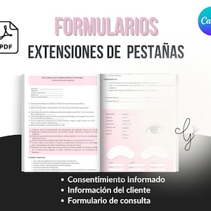 Op de afbeelding: Een PDF-document getiteld "FORMULARIOS EXTENSIONES DE PESTAÑAS" met een roze en zwart ontwerp. Het geopende document toont formulieren voor wimperextensions, inclusief klantinformatie en toestemmingsformulieren. Het Canva-logo staat rechtsboven.