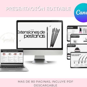 Puede incluir: Una presentación digital en una pantalla de ordenador y portátil, con el título "Extensiones de pestañas". La presentación incluye diagramas y texto sobre extensiones de pestañas, con el logotipo de Canva en la esquina superior derecha. El texto "MAS DE 80 PAGINAS, INCLUYE PDF DESCARGABLE" está en la parte inferior.
