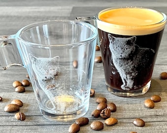 ENGRAVED ESPRESSO CUPS pair photo, etched coffee glasses, logo, custom, print, cafe lover, dad gift, personalised, drinks, kitchen mum shot