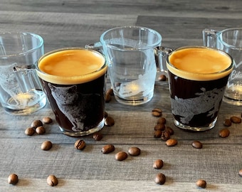 ENGRAVED ESPRESSO CUPS pair photo, etched coffee glasses, logo, , print, cafe lover,  personalised, drinks, kitchen mum shot valentines day