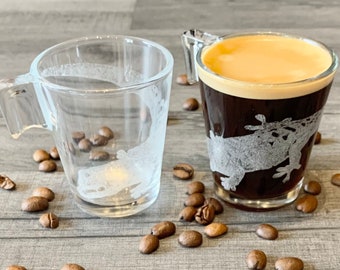 ENGRAVED ESPRESSO CUPS pair photo, etched coffee glasses, logo, custom, print, cafe lover, dad gift, personalised, drinks, kitchen mum shot