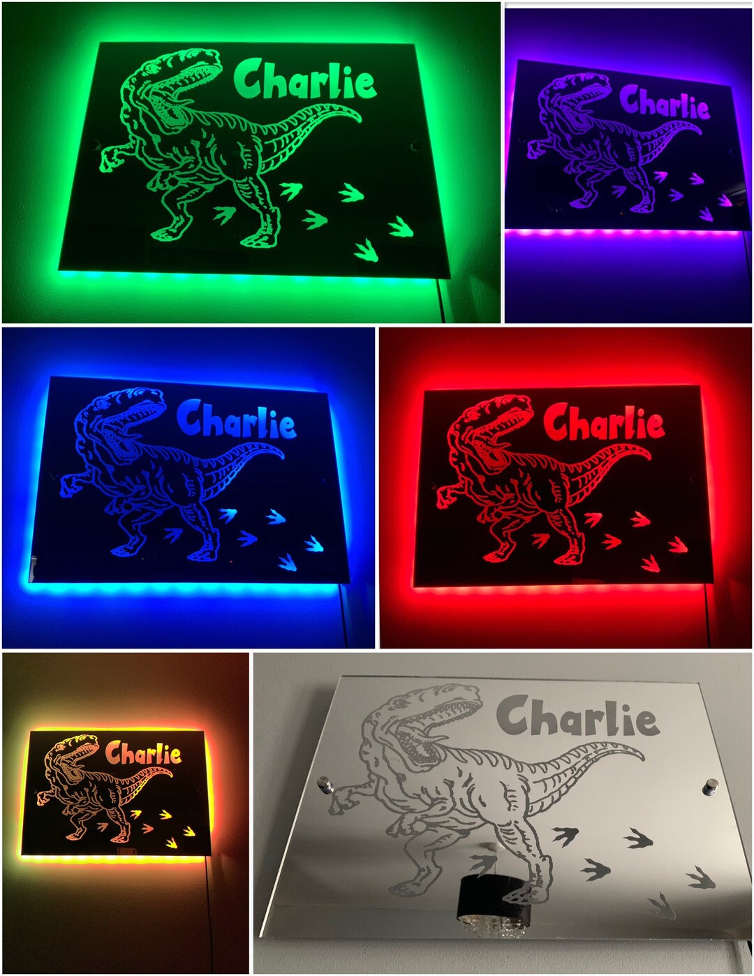 DINOSAUR LIGHT up MIRROR Personalised Engraved Acrylic Wall Led Sign. T