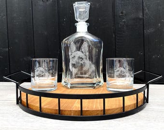 ENGRAVED DECANTER & WHISKEY, glass set, brandy, spirits, alcohol, etched memorial, pet, dog family picture gin, valentines day gift him, dad