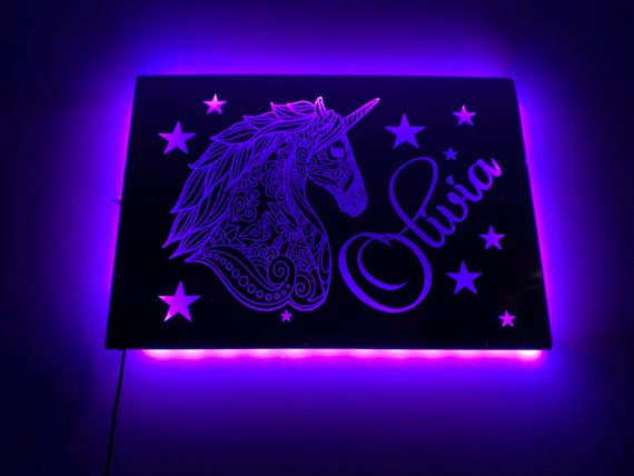 UNICORN LIGHT up MIRROR personalised engraved acrylic wall led sign. bedroom, nursery, playroom, name, boys, girls gift, green, purple