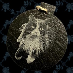 PHOTO ENGRAVED BAUBLE slate portrait, christmas decoration, tree, memorial, dog, cat pets, family, personalised, etched, 2024, gift, xmas