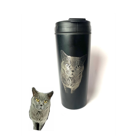 PHOTO ENGRAVED, FLASK bottle thermal, coffee cup, etched pets, dogs, cat, wedding pictures personalised gift bottle holder black cold hot