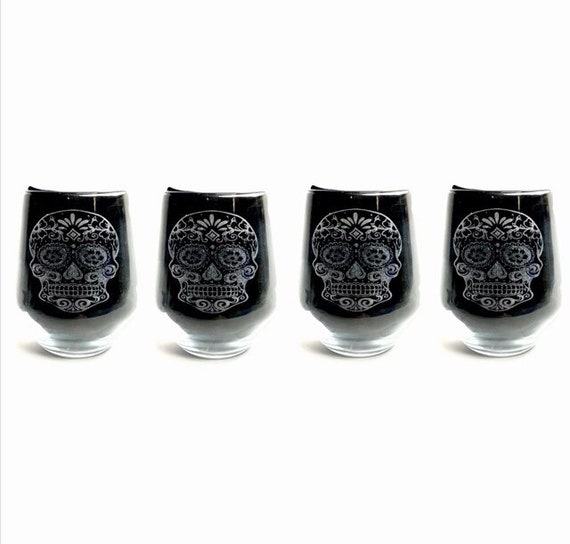 SUGAR SKULL Stemless wine set of 4 glass, engraved glassware, etched day of the dead, gift, personalised