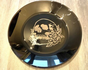 Skull Elephant, engraved BLACK, dinnerware, etched bowls, plates, pasta, rose goth, table, side plate, christmas, dining, set, cat dog owl