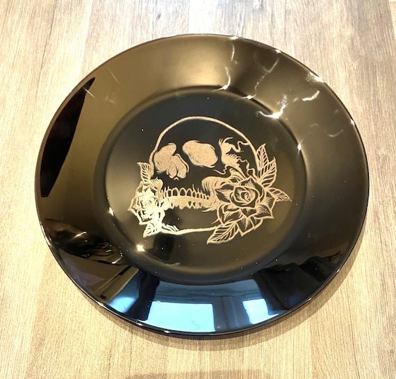 Skull Elephant, engraved BLACK, dinnerware, etched bowls, plates, pasta, rose goth, table, side plate, christmas, dining, set, cat dog owl