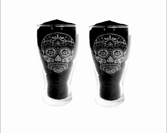 SUGAR SKULL pair engraved glassware, etched day of the dead, gift. Wine, pint, whiskey, beer, tankard, gin, vase, personalised glass