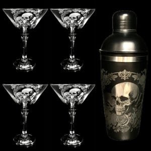 Deluxe Tri Skull & Rose gravierte COCKTAIL SHAKER personalisiert geätzt, Goth, Geschenk, Whisky, Gin, Bar, Rum schwarz, Mixologen Rock Martini Cup Bild 3