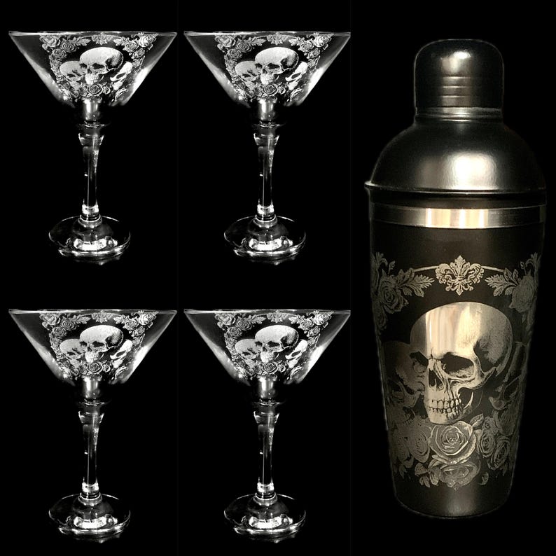 Deluxe Tri Skull & Rose gravierte COCKTAIL SHAKER personalisiert geätzt, Goth, Geschenk, Whisky, Gin, Bar, Rum schwarz, Mixologen Rock Martini Cup Bild 3