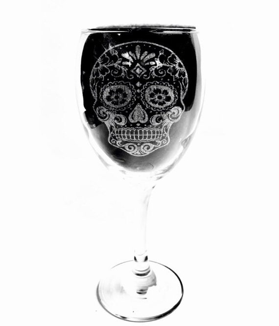 SUGAR SKULL ENGRAVED glassware, etched day of the dead, gift. Wine, pint, whiskey, beer, tankard, gin, vase,