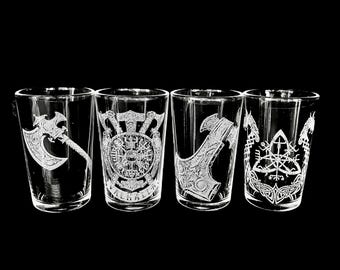 VIKING ENGRAVED SHOT glass set 4, rum valhalla bar etched personalised photo design gift him whiskey boat mjolnir hammer axe thor norse rune