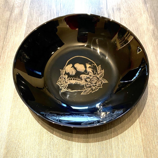 ENGRAVED BLACK, dinnerware, etched bowls, mug, pasta, rose goth, table, side plate, Christmas, dining, set, cat dog owl, skull elephant