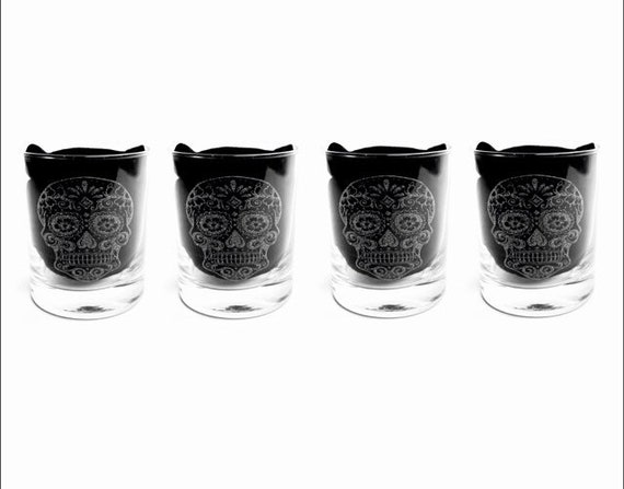 SUGAR SKULL Set 4 WHISKEY engraved glassware, etched day of the dead, gift. Wine, pint, beer, tankard, gin, vase, glass, personalised