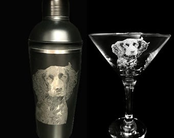 Engraved Photo COCKTAIL SHAKER MARTINI glass set personalised etched, vodka dirty, gift, whiskey, gin, bar, rum black, mixologist cup, dog