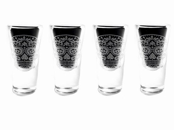 SUGAR SKULL SHOT glass set 4 Christmas engraved, etched day of the dead, gift. Wine, pint, whiskey, beer, personalised four glasses