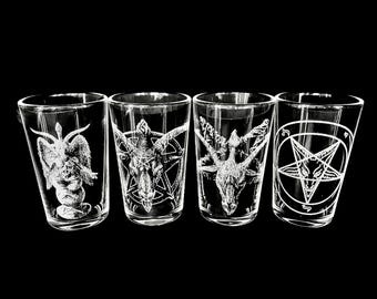 SATANIC ENGRAVED SHOT glass set 4, rum baphomet bar etched personalised photo design gift him whiskey devil  sigil pentagram occult goat