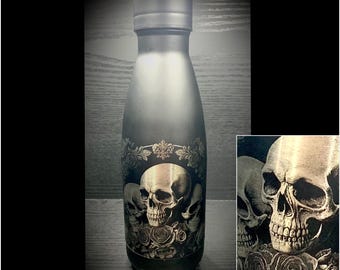 Black metal engraved THERMAL WATER BOTTLE drink Deluxe Skull & Rose collection etched personalised tattoo goth rock hot cold flask whiskey