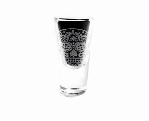 SUGAR SKULL SHOT glass Christmas engraved, etched day of the dead, gift. Wine, pint, whiskey, beer, tankard, gin, vase, personalised