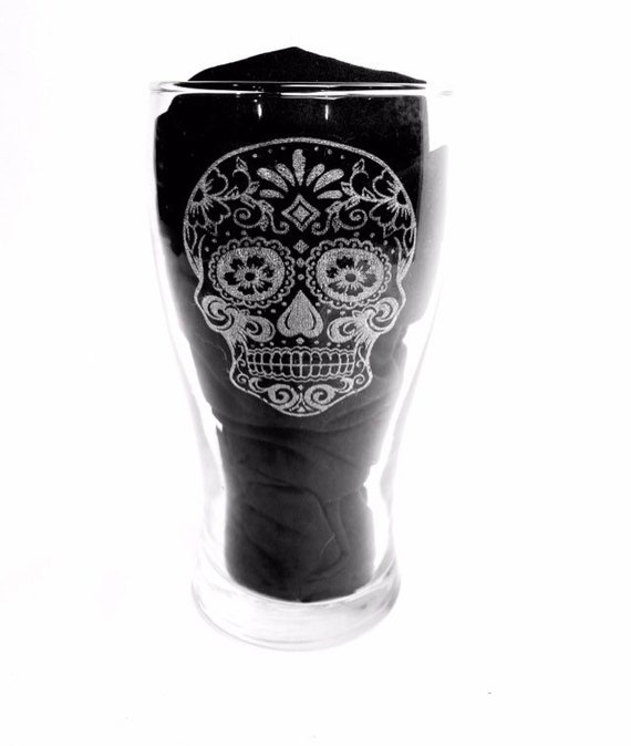 SUGAR SKULL PINT personalised glassware, etched day of the dead, gift. Wine, pint, whiskey, beer, tankard, gin, vase,