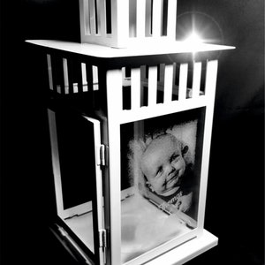 PHOTO engraved LANTERN, etched memorial, candle holder, indoor, outdoor light, black, cream, metal decor pet, dog, family grave white large