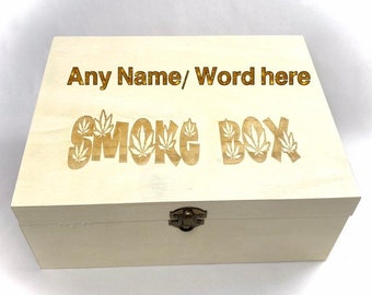 Personalised ENGRAVED SMOKE wooden BOX leaf, green, weed, storage, name Christmas gift. Stash etched, marijuana, hemp, cannabis