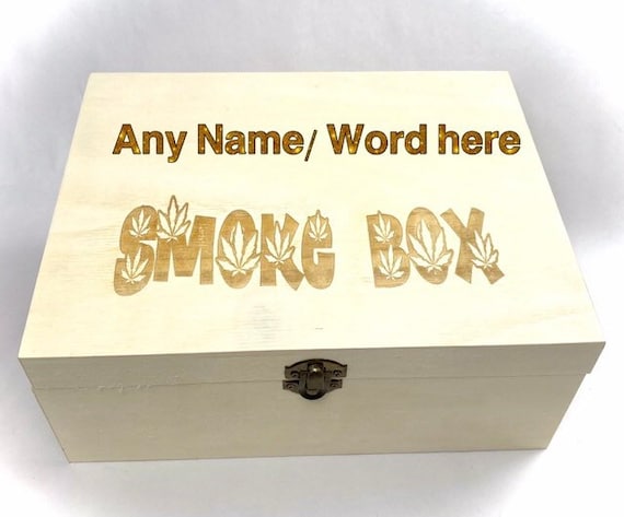 Personalised ENGRAVED SMOKE wooden BOX leaf, green, weed, storage, name Christmas gift. Stash etched, marijuana, hemp, cannabis