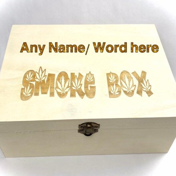 Personalised ENGRAVED SMOKE wooden BOX leaf, green, weed, storage, name Christmas gift. Stash etched, marijuana, hemp, cannabis