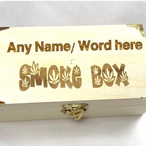 Personalised ENGRAVED SMOKE wooden BOX leaf, green, weed, etched storage, name Christmas gift. Stash, marijuana, hemp, cannabis