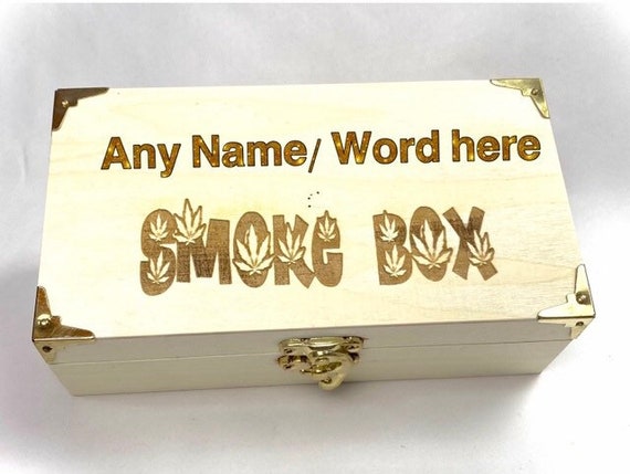 Personalised ENGRAVED SMOKE wooden BOX leaf, green, weed, etched storage, name Christmas gift. Stash, marijuana, hemp, cannabis